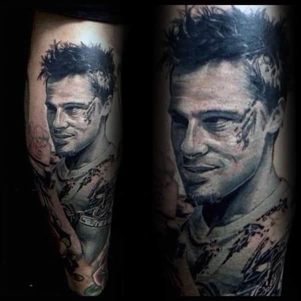 Realistic Portrait Of Tyler Durden Male Fight Club Leg Tattoos