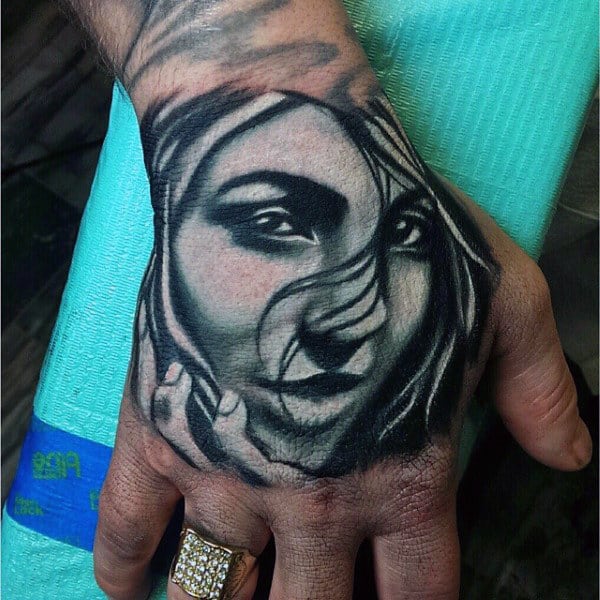 Realistic Potrait White Ink Shaded Male Tattoos On Hands