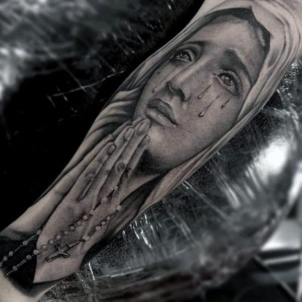 Realistic Praying Hands With Rosary Tattoos For Men