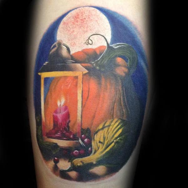 Realistic Pumpkin With Lantern And Moon Mens Tattoos On Arm