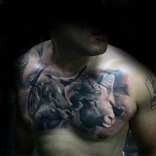 Realistic Ram Mens Chest Tattoo With Shaded Design
