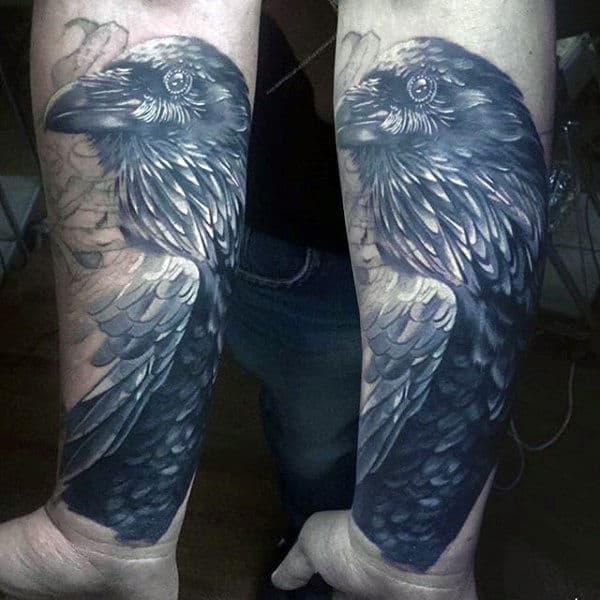 Realistic Raven Tattoo On Forearms For Males