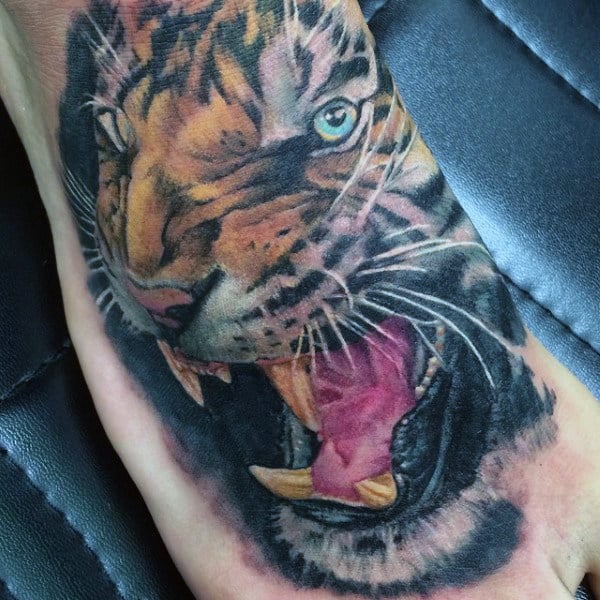 Realistic Roaring Tiger Tattoo On Foot For Men
