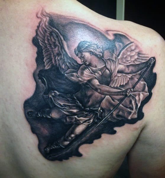 Realistic Saint Micheal Tattoo For Men On Back Shoulder