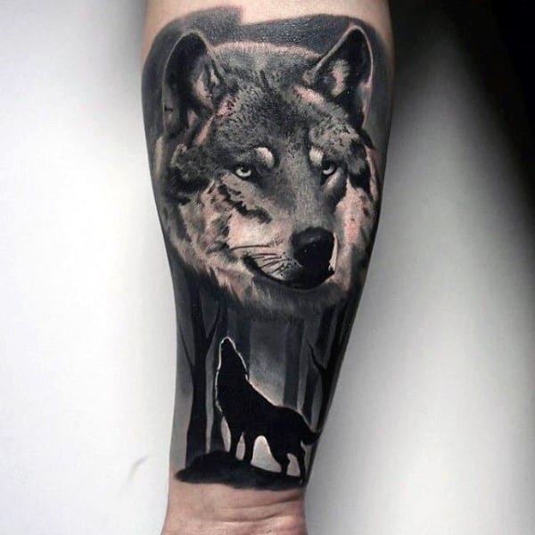 Realistic Shaded Black And Grey Male Forest Wolf Tattoo Ideas On Forearm