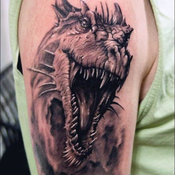 Realistic Shaded Godzilla Screaming Dinosaur Tattoo On Man
