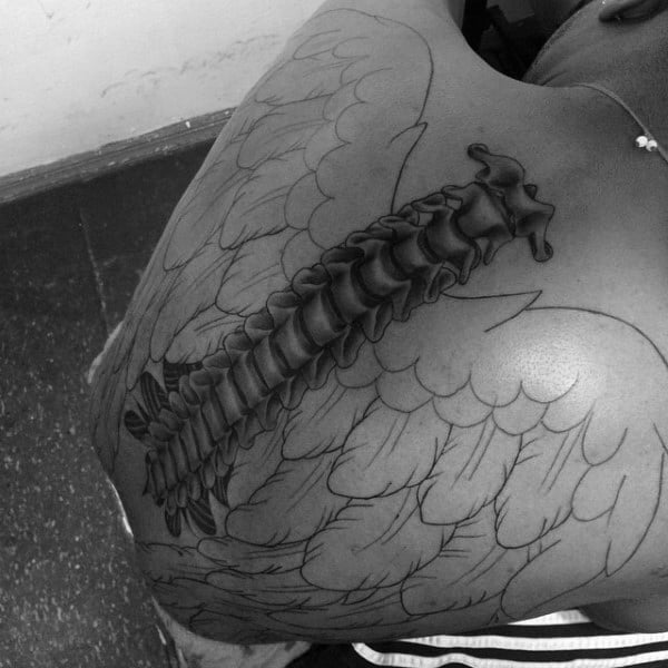 Realistic Shaded Grey And Black Ink Spinal Cord With Angle Wings Mens Back Tattoos