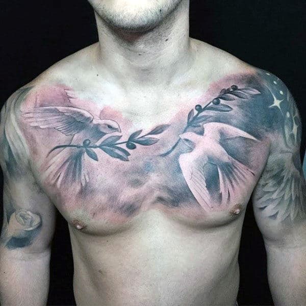 Realistic Shaded Guys Doves Flying With Olive Branches Chest Tattoo