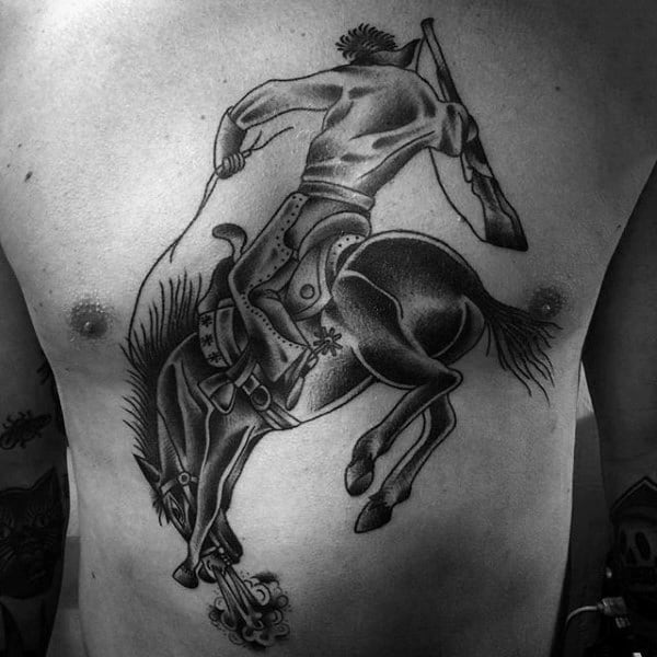 Realistic Shaded Man Holding Rifle Riding Horse Chest Tattoo