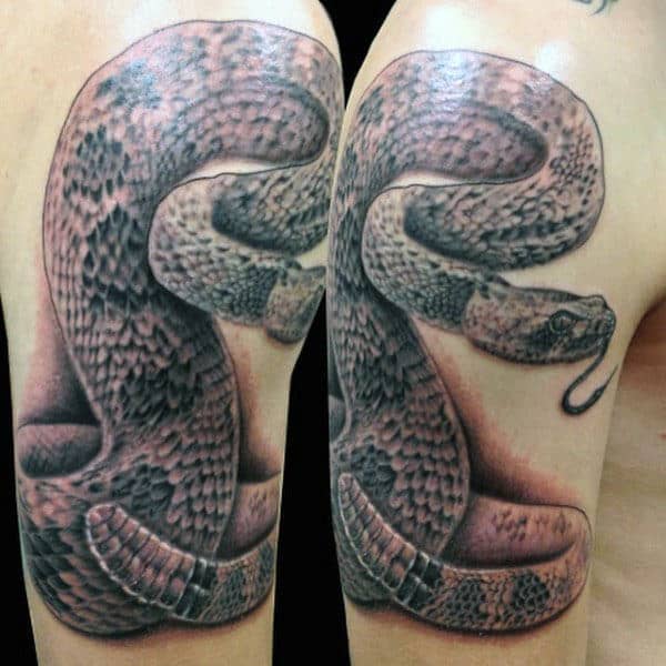 Realistic Shaded Rattlesnake Upper Arm Tattoo Ideas