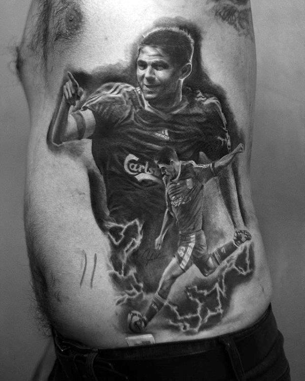 Realistic Shaded Soccer Player Tattoos For Men On Rib Cage Side
