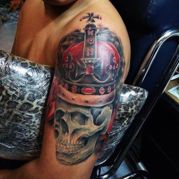 Realistic Skull With Crown Tattoo On Arms For Men