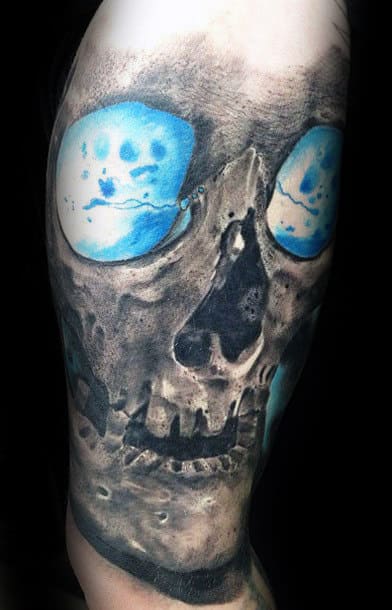 Realistic Skull With Glowing Blue Eyes Mens Forearm Tattoo