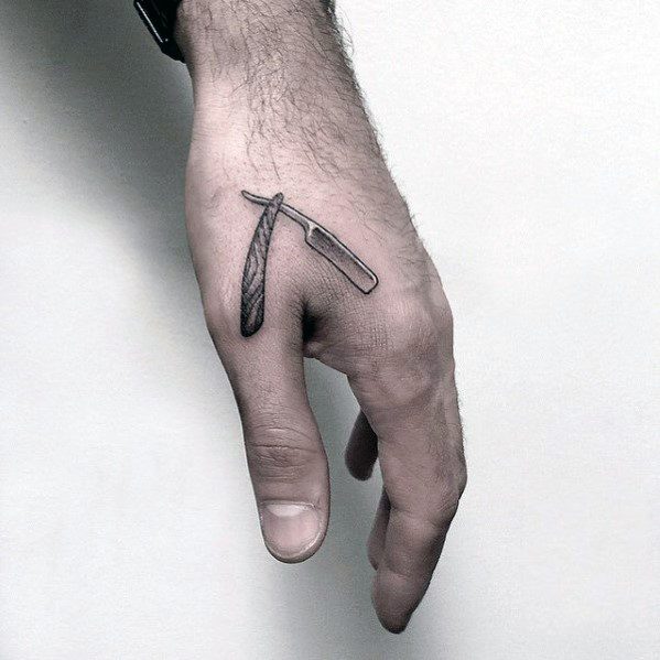 Realistic Small Mens Straight Razor Hand Tattoo