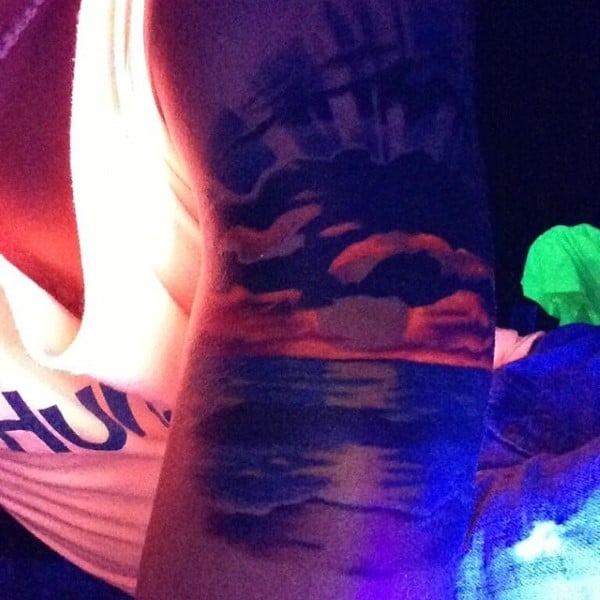 Realistic Sunset Neon Glow In The Dark Guys Tattoo Half Sleeve
