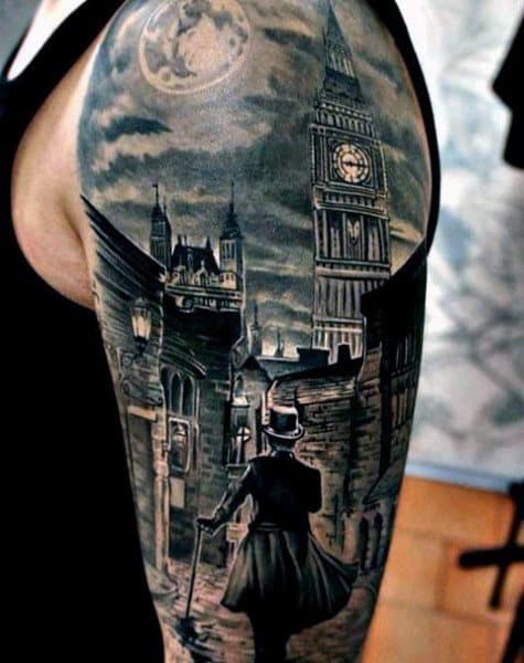 Realistic Tattoo With Man Walking City Street At Night On Arm