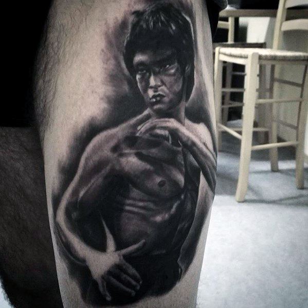 Realistic Thigh Shaded Male Bruce Lee Tattoo Ideas.