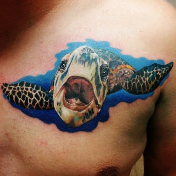 Realistic Turtle With Watercolor Background Mens Upper Chest Tattoos