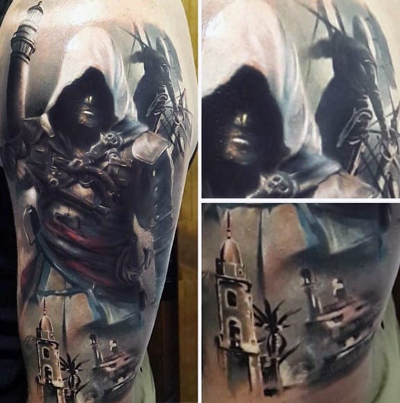Diseños realistas de tatuajes de media manga para hombres de Assassins Creed en acuarela
