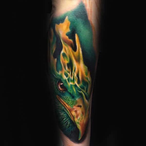 Realistic Watercolor Bird Fire Forearm Tattoos For Men