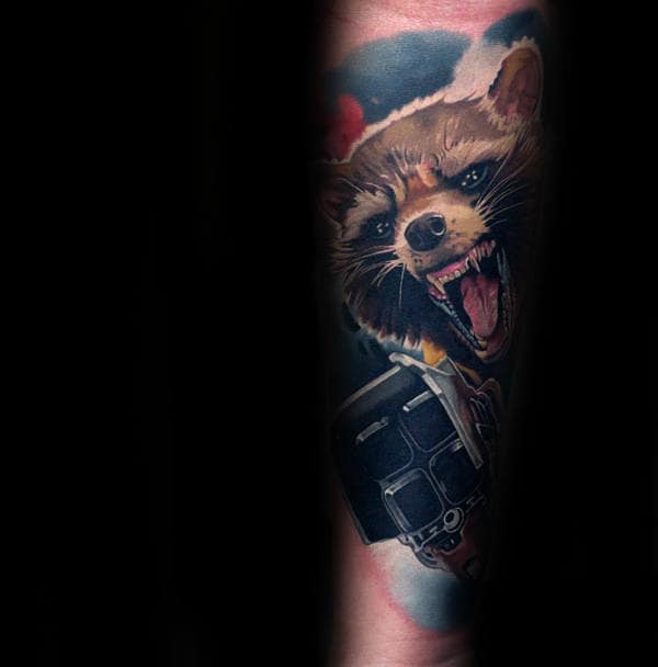 Realistic Watercolor Male Raccoon Forearm Sleeve Tattoo