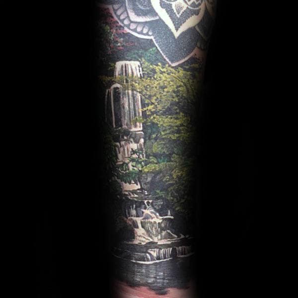 Realistic Waterfall Forearm Sleeve Male Tattoo Design Ideas