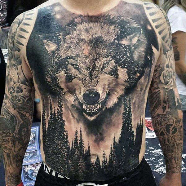 Realistic Wolf And Forest Mens Full Chest Tattoo Designs