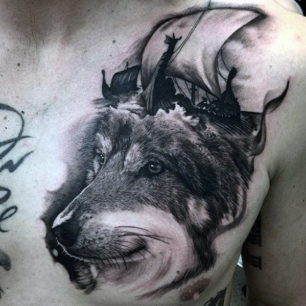 Realistic Wolf Head With Viking Ship Guys Cool Chest Tattoo Inspiration