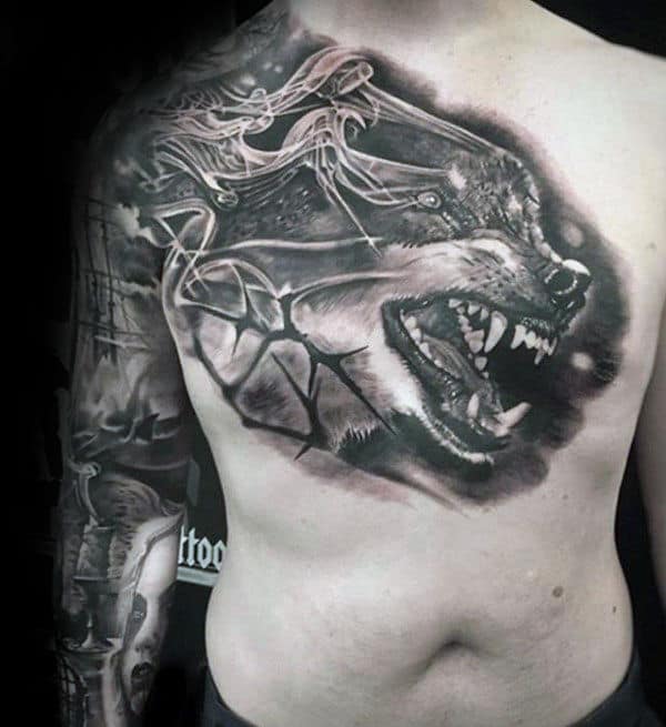 Realistic Wolf Mens Amazing Chest Tattoo Designs