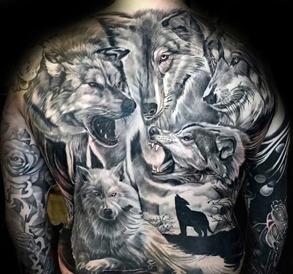 Realistic Wolf Pack Mens Full Back Tattoos
