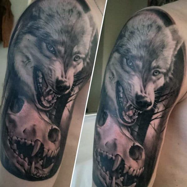 Realistic Wolf Skull Mens Half Sleeve Tattoos