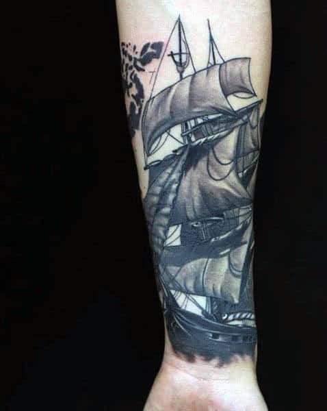 Realistic Wrist Sailboat Tattoo For Men In Black Ink