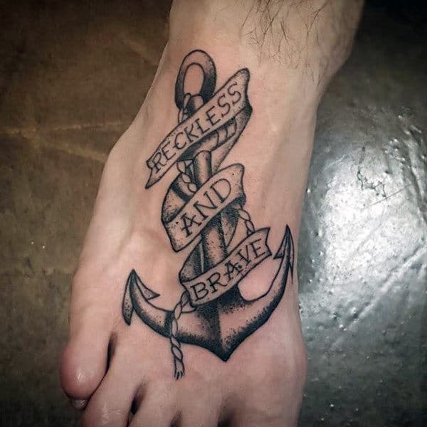 Reckless And Brave Banner Male Traditional Anchor Foot Tattoos