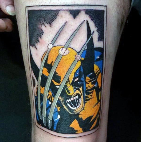Rectangle Comic Strip Wolverine Mens Thigh Tattoos