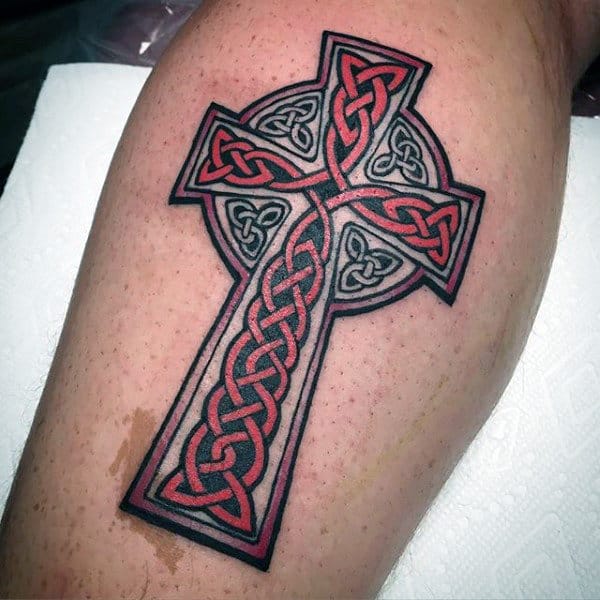 Red And Black Celtic Cross Leg Tattoos For Guys