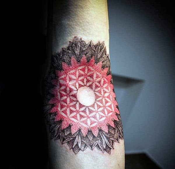 Red And Black Flower Of Life Inner Elbow Male Tattoos