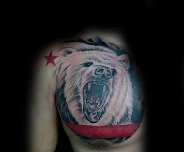 Red And Black Ink California Bear Guys Chest Tattoos
