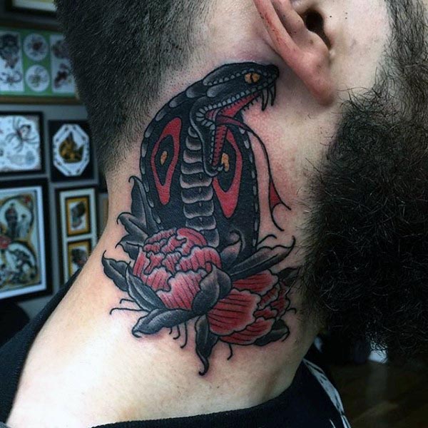 Red And Black Ink Cobra Flower Mens Neck Tattoos