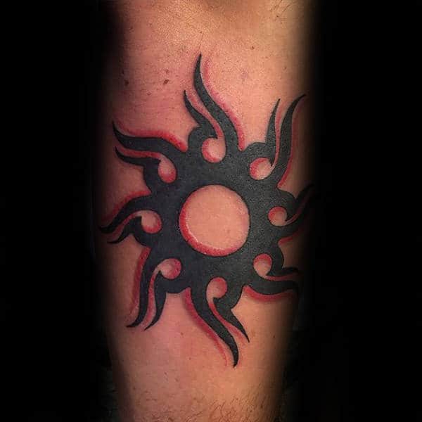 Red And Black Ink Cool Tribal Sun Inner Forearm Guys Tattoos