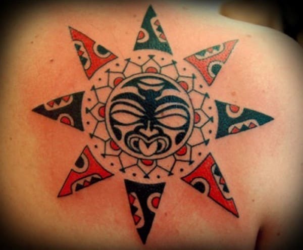 Red And Black Ink Cool Tribal Sun Male Back Tattoos