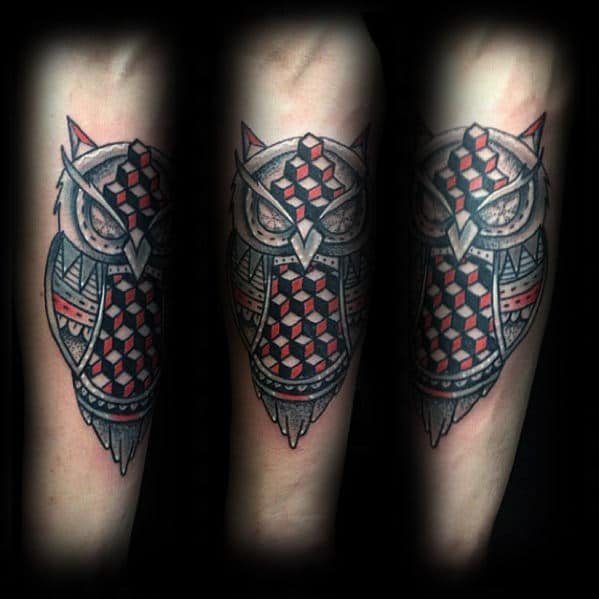 Red And Black Ink Cube Geometric Owl Mens Inner Forearm Tattoo