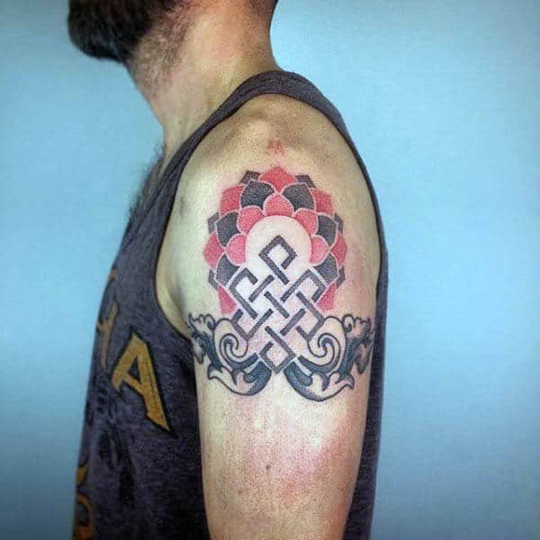 Red And Black Ink Endless Knot Mens Upper Arm Tattoos
