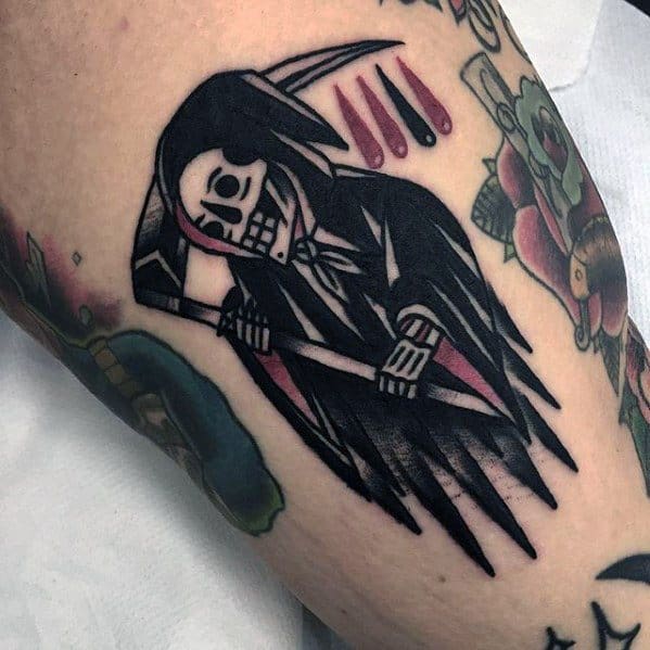 Red And Black Ink Grim Reaper Scythe Mens Tattoo Ideas On Leg