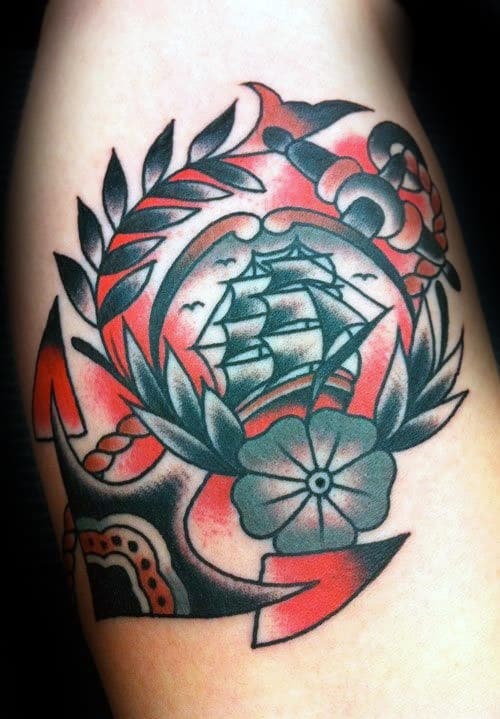 Red And Black Ink Guys Nautical Traditional Anchor Arm Tattoos
