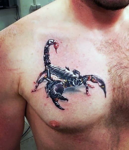 Red And Black Ink Guys Scorpion 3d Tattoo On Chest