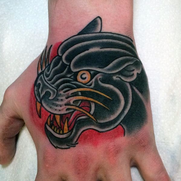 Red And Black Ink Guys Traditional Panther Hand Tattoo