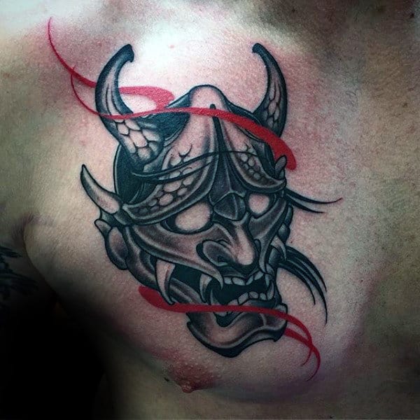 red-and-black-ink-hannya-mask-tattoo-on-guys-chest