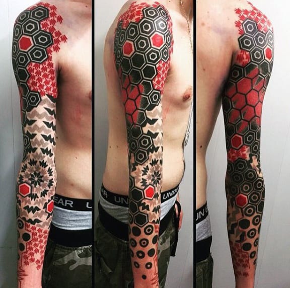 Red And Black Ink Hexagon Geometric Sleeve Mens Unique Tattoo Ideas