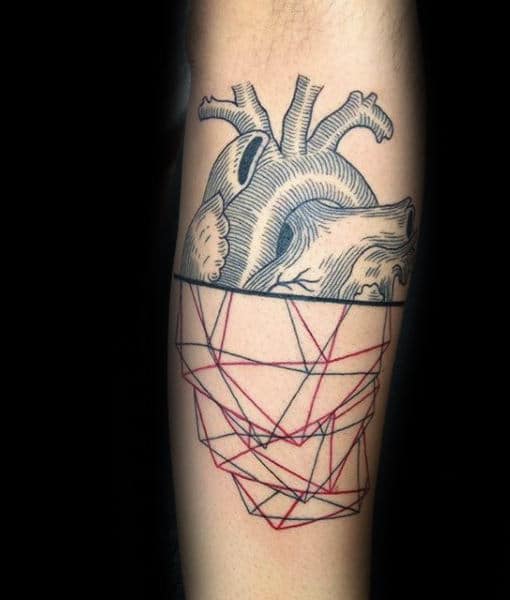 Red And Black Ink Lines Geometric Heart Artistic Mens Tattoo Ideas