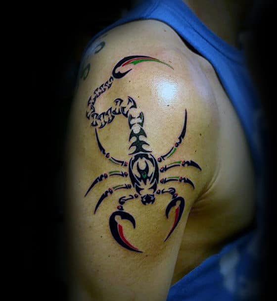 Red And Black Ink Male Scorpion Tribal Upper Arm Tattoo